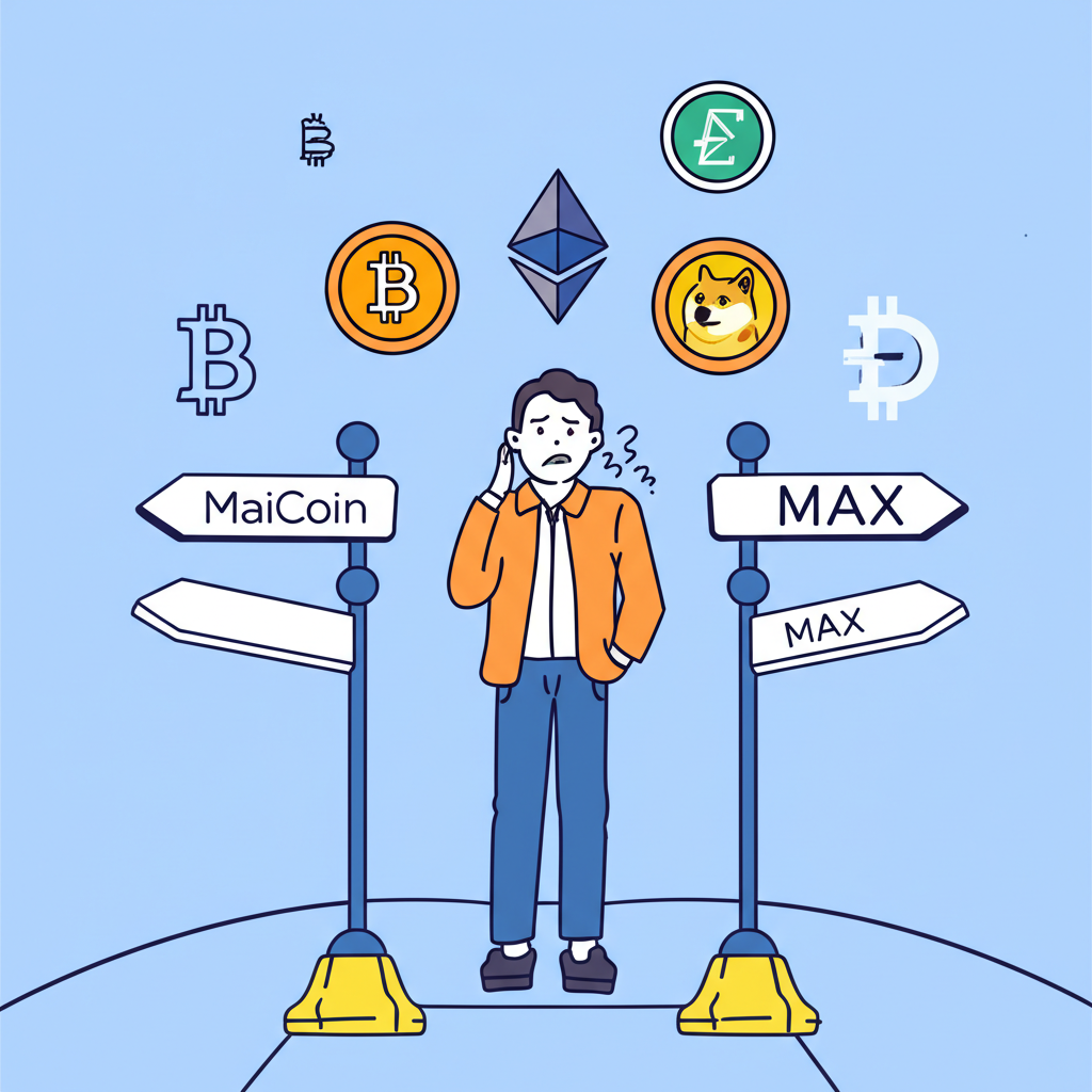 困惑的投資者站在MaiCoin與MAX兩條選擇路徑之間，周圍漂浮著加密貨幣符號象徵決策難題