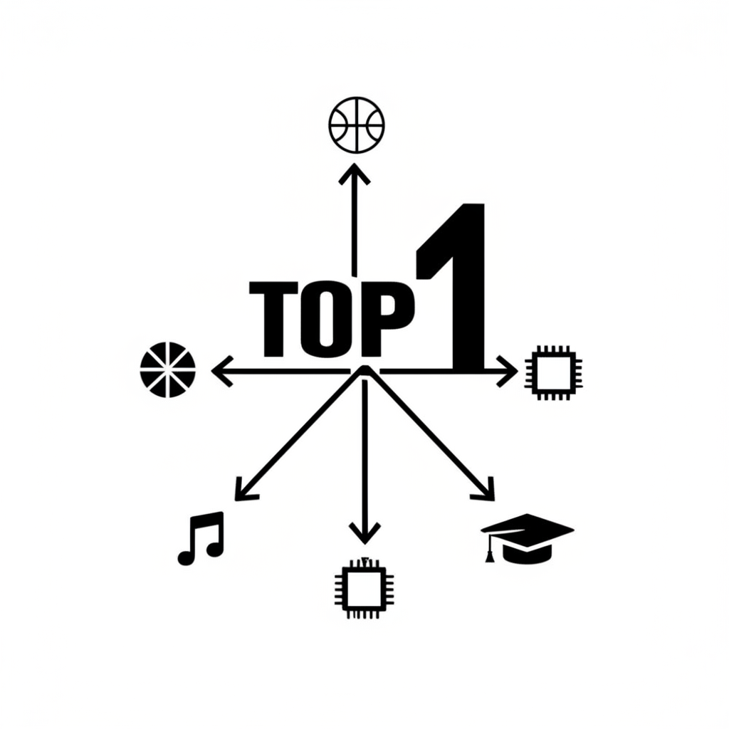 Top與1結合成Top1，象徵第一或最佳，箭頭指向運動、科技等不同領域