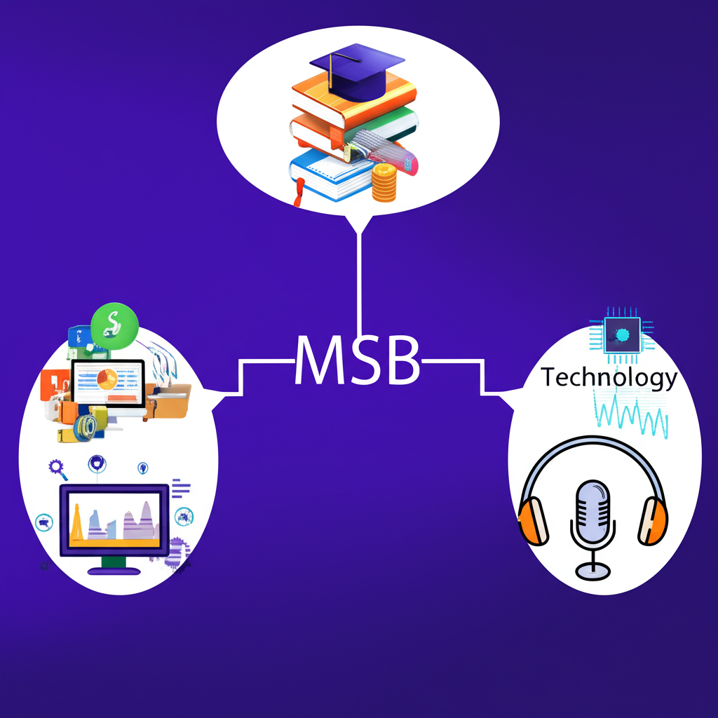 MSB縮寫分支出金融、教育、音響與科技四大領域的插畫