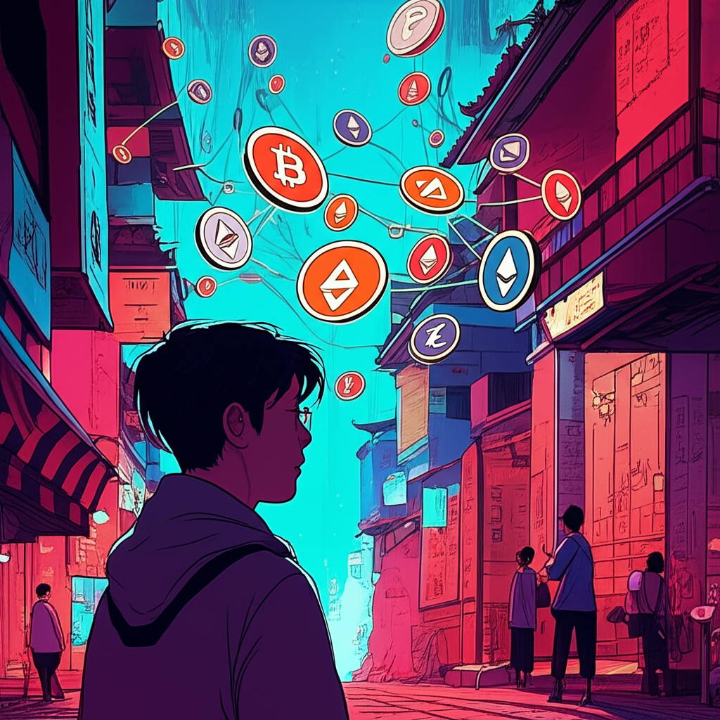 台灣投資者查看比特幣與以太坊等虛擬貨幣圖示，區塊鏈技術線條連結各元素，呈現數位經濟與投資意象的現代插畫風格圖示。