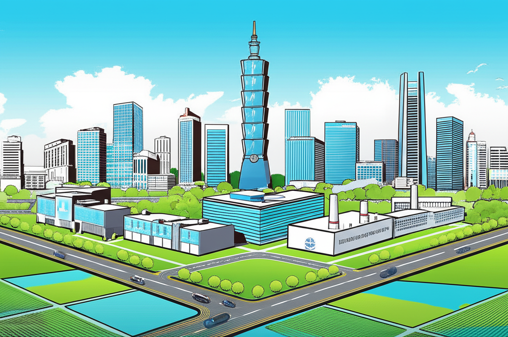 圖示：台灣經濟的城市景觀，分為高科技、金融與傳統工業三大區塊，代表權值股的主要產業分布