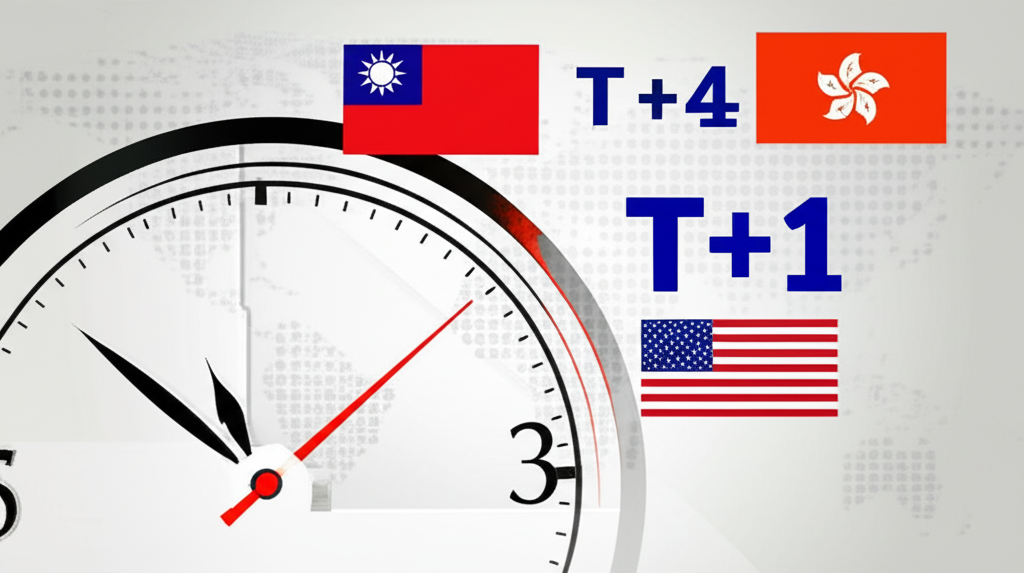美股交割制度從 T+2 轉向 T+1 的時鐘示意圖，反映全球市場效率提升，特別影響台灣與香港投資人