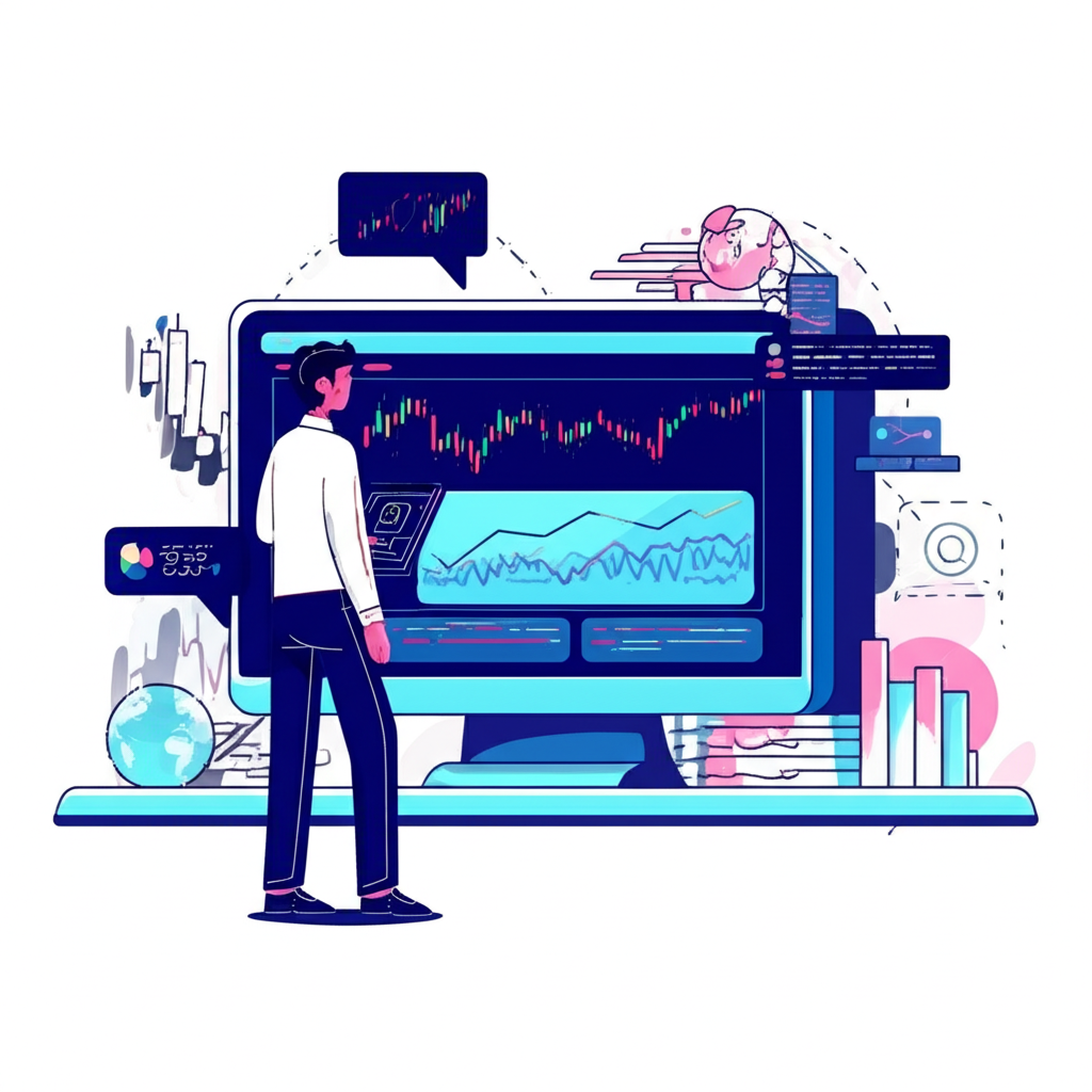一名投資者正在使用安全的MetaTrader 5平台進行交易，背景顯示金融圖表與全球市場連結的插畫