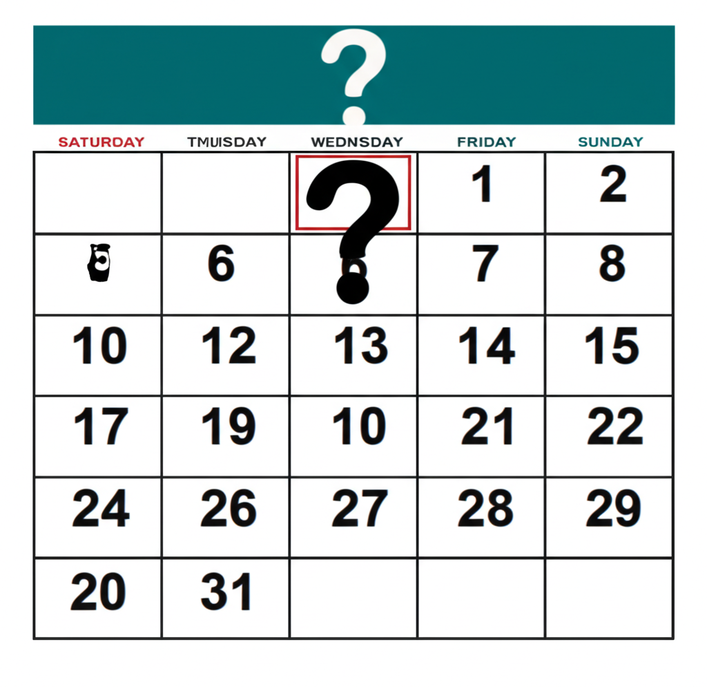 日曆顯示週六與週日高亮，星期五與星期一之間出現股價走勢斷層，上方有問號象徵市場不確定性