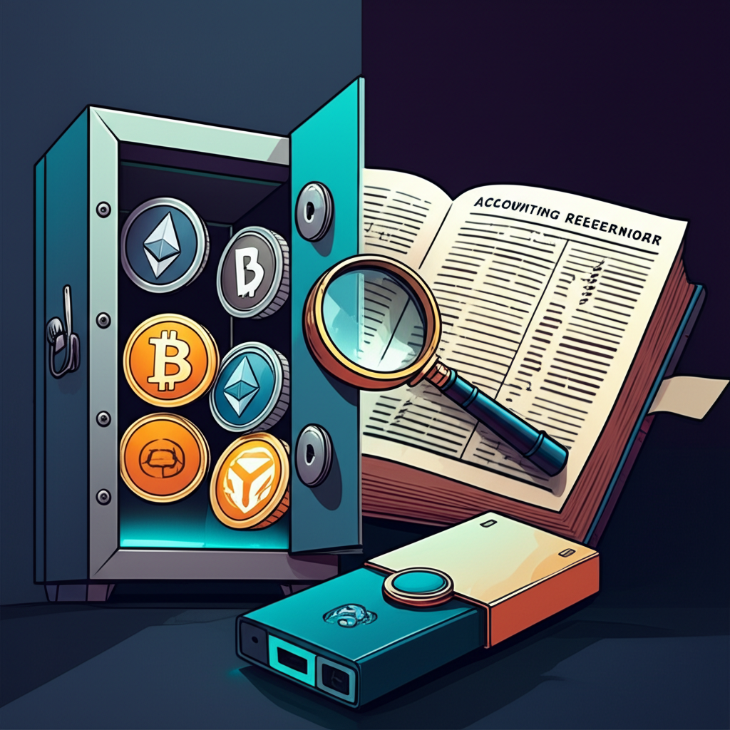Ledger 中文雙重意義插圖：一邊是數位資產金庫與硬體錢包，另一邊是傳統會計帳簿與財務數據