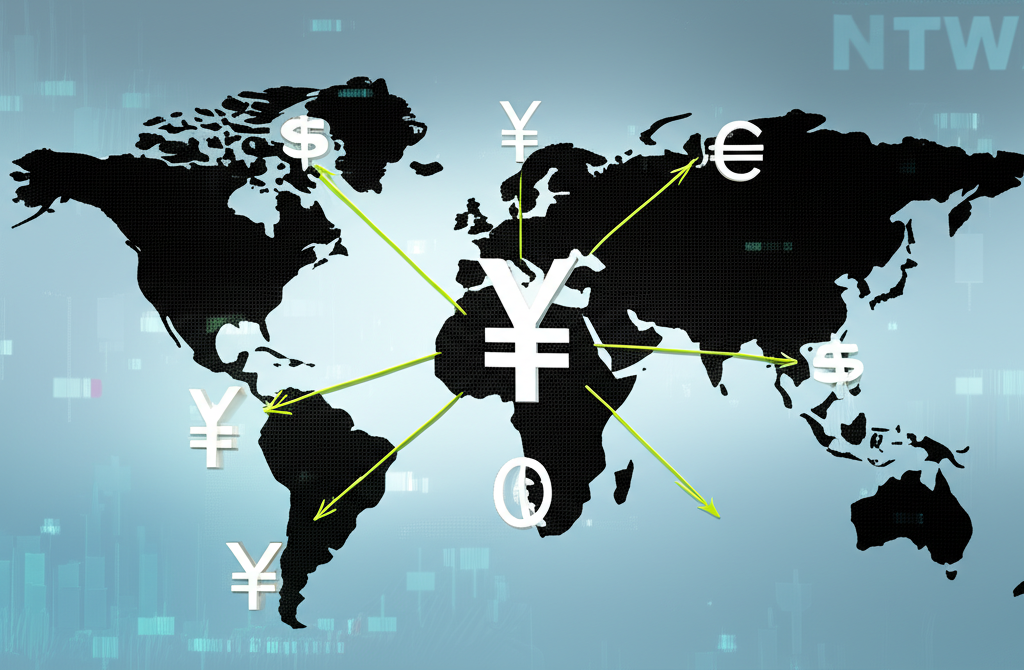 日圓升值示意圖，背景為全球貨幣符號與世界地圖，顯示日圓價值上升