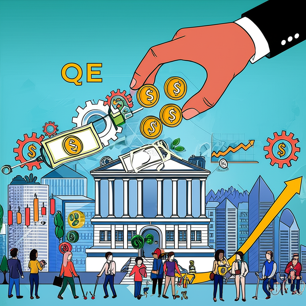 中央銀行透過量化寬鬆影響經濟的示意圖，象徵貨幣政策的槓桿與城市發展的互動