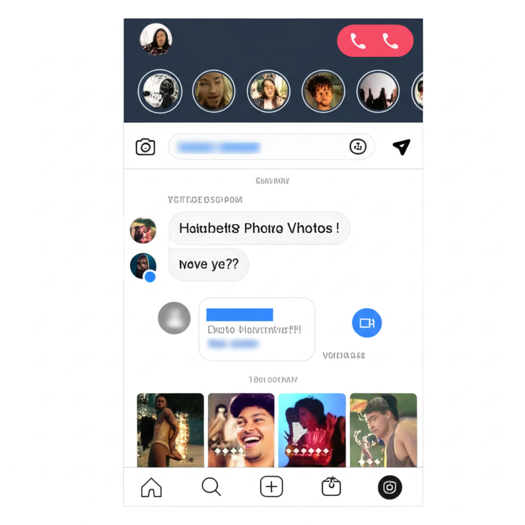 插圖展示 Instagram 群組聊天介面，包含文字訊息、共享照片影片、投票功能與視訊通話按鈕，凸顯豐富的互動體驗