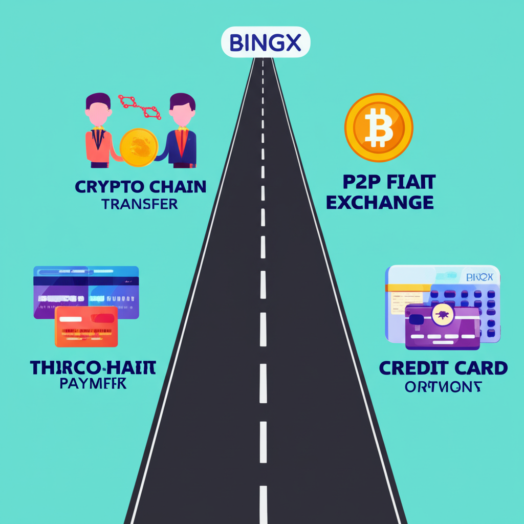 展示加密貨幣鏈上轉帳、P2P、第三方支付與信用卡等多種入金方式通往 BingX 平台的插畫