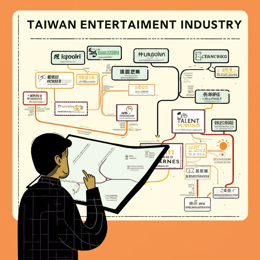 插畫呈現一人手持地圖，地圖上標示不同經紀公司路徑，象徵素人、品牌與大眾在台灣娛樂產業中的選擇與導航