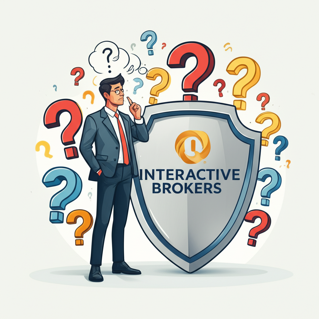 困惑的投資者在疑問符包圍中,伴隨著帶有Interactive Brokers標誌的安全盾牌,象徵投資世界的信任與合法性