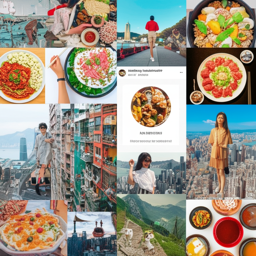 香港主題Instagram貼文拼貼,包含美食、時尚、城市景觀、行山徑與可愛寵物,形成生動的數位馬賽克