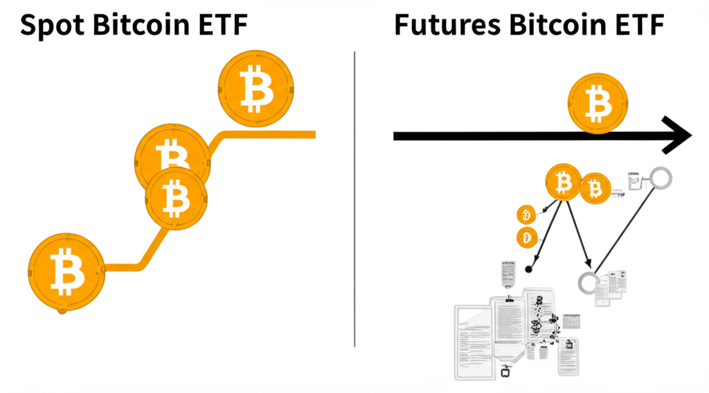 現貨比特幣ETF直接持有比特幣金幣的路徑與期貨比特幣ETF使用抽象合約的路徑比較,強調精準度差異