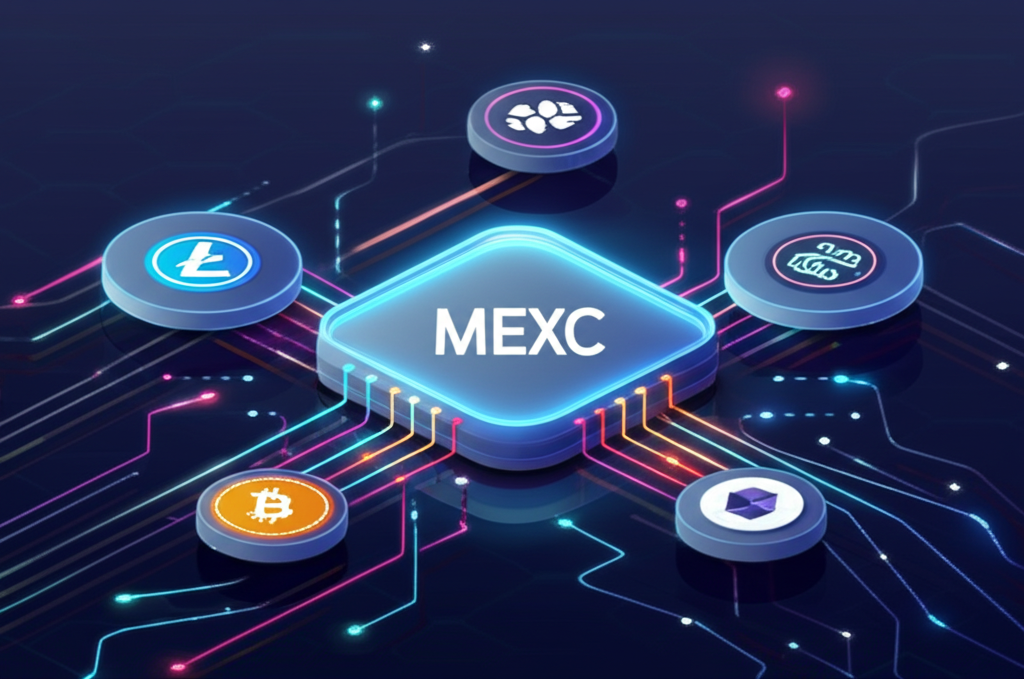 An illustration of a bustling global cryptocurrency market with MEXC exchange as a central hub guiding new users through diverse digital asset opportunities