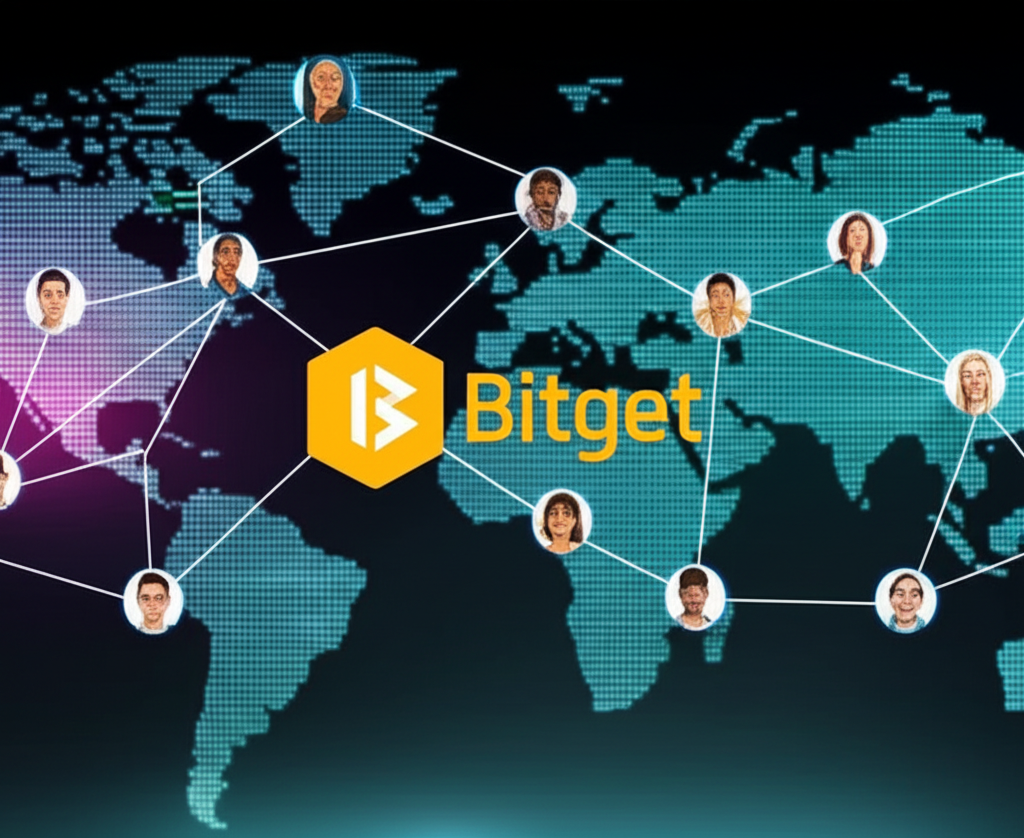 Bitget 全球用戶網絡插圖,強調合規文件與世界地圖下的信任