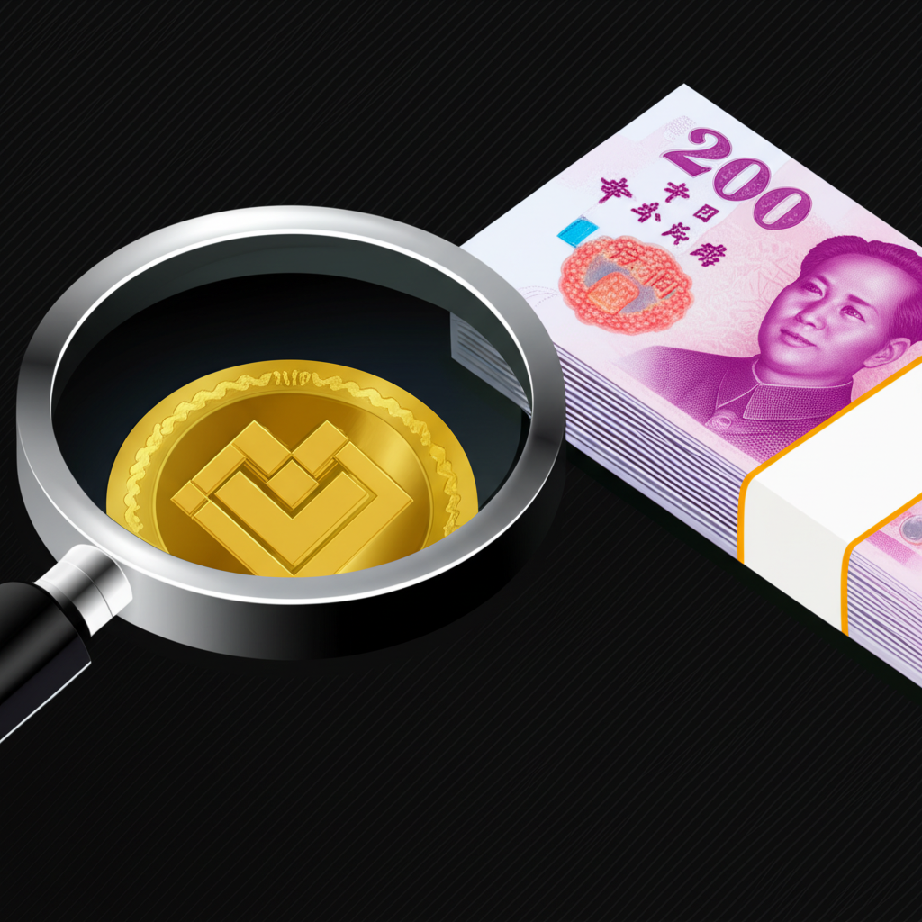 放大鏡檢視 BNB 幣旁邊一疊台幣的插圖,象徵理解 BNB 本質及法幣轉換需求