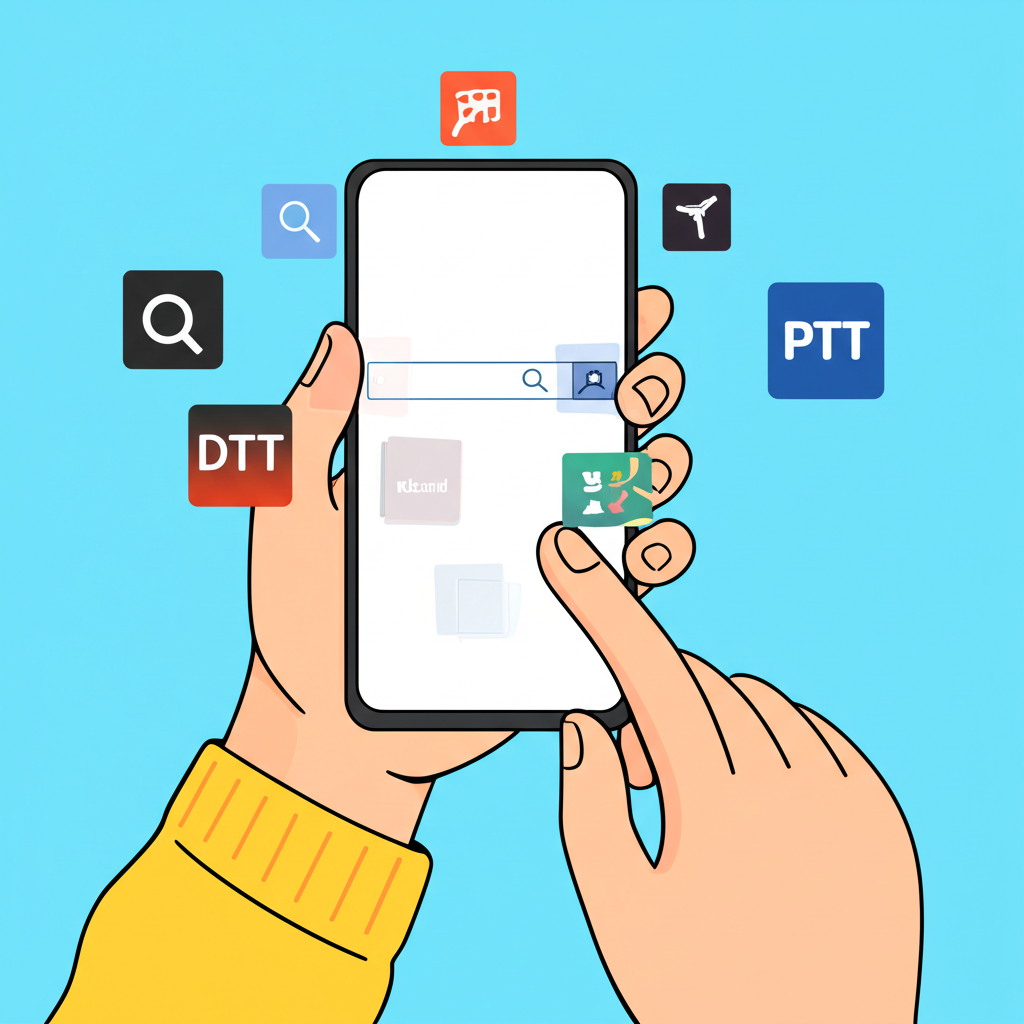 使用者在手機上搜尋 Telegram 群組的插圖,包含搜尋圖示與 Dcard、PTT 等平台標誌