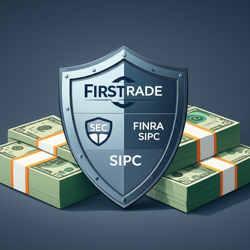 安全的Firstrade盾牌標註SEC、FINRA、SIPC,守護金錢與股票堆疊,強調強大金融防護對抗詐騙