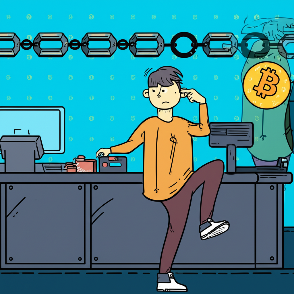 比特幣區塊鏈上緩慢移動的交易區塊，一位沮喪的消費者在結帳櫃檯焦急等待購買確認，強調交易緩慢的問題
