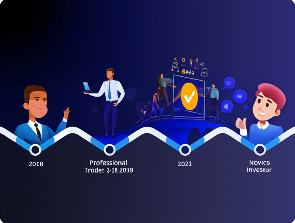 illustration of a timeline showing BingX growth from 2018 to 2021 with a bridge connecting a professional trader and a novice investor through a social trading interface