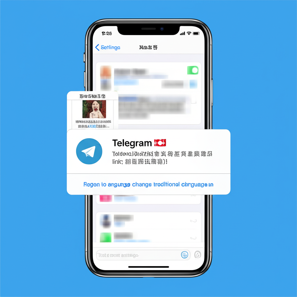 iPhone 螢幕顯示 Telegram 應用程式，彈出視窗確認點擊繁體中文語言包連結後的語言變更，小圖顯示設定選單中的語言選項插圖