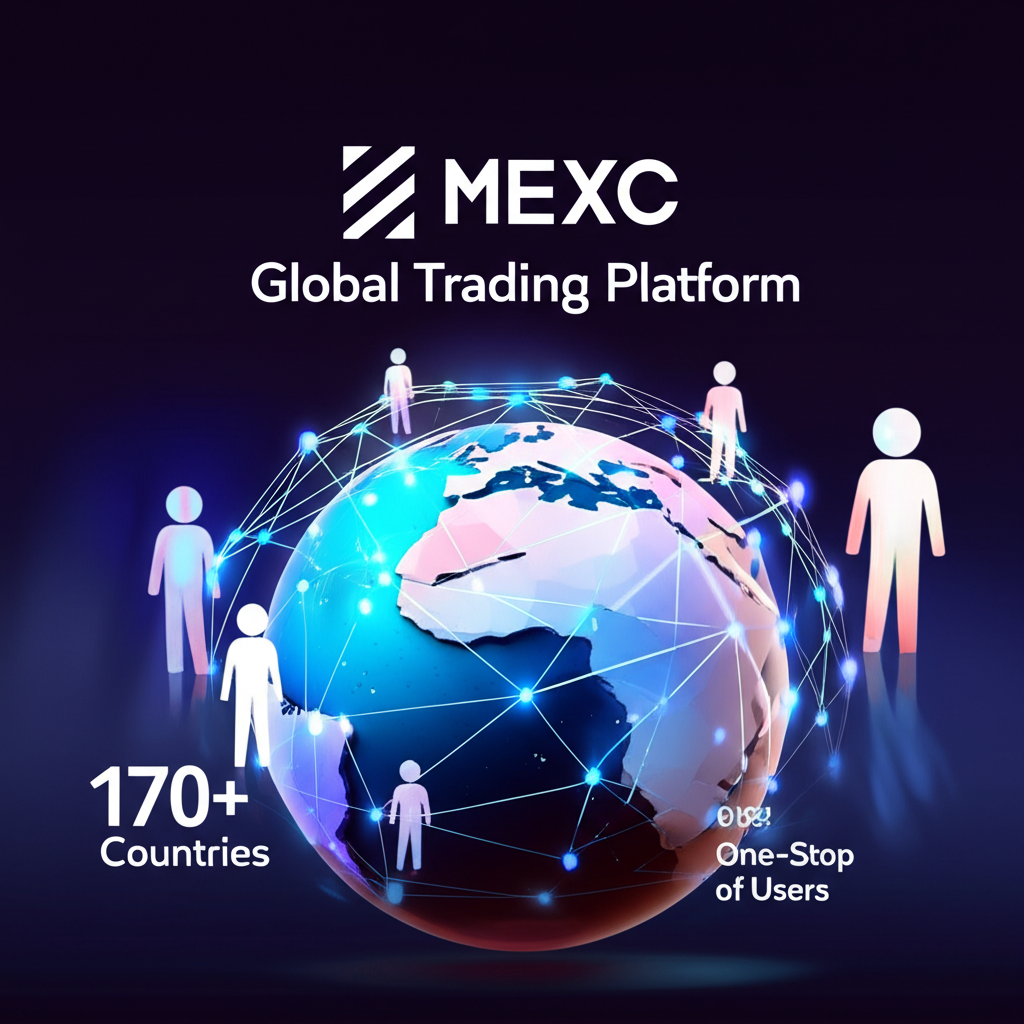 An illustration showing MEXC as a global trading platform connecting over 170 countries with millions of users emphasizing its one-stop service and international reach