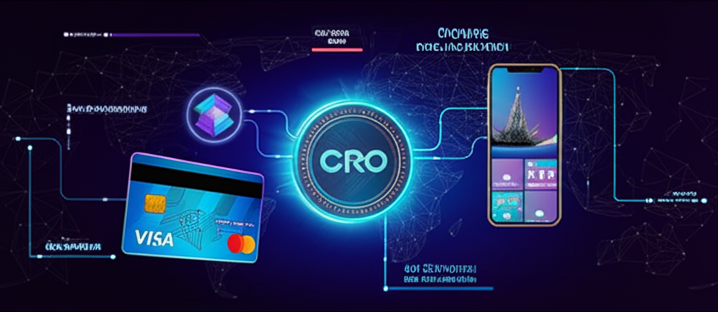 CRO幣在Crypto.com生態系統中的核心價值插圖，展示交易所、手機應用、Visa卡和NFT市場的互聯，以及CRO幣的中心地位