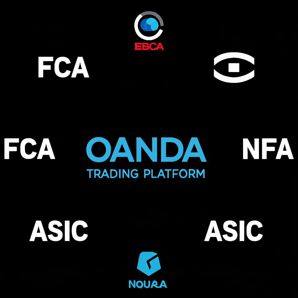 Illustration of international financial regulatory logos like FCA, ASIC, NFA forming a protective barrier around OANDA trading platform