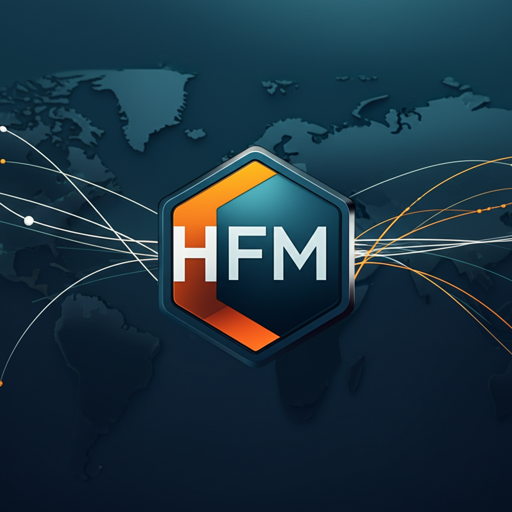 現代簡潔 HFM 標誌從舊 HotForex 標誌中浮現的插圖，代表品牌轉型和全球擴張