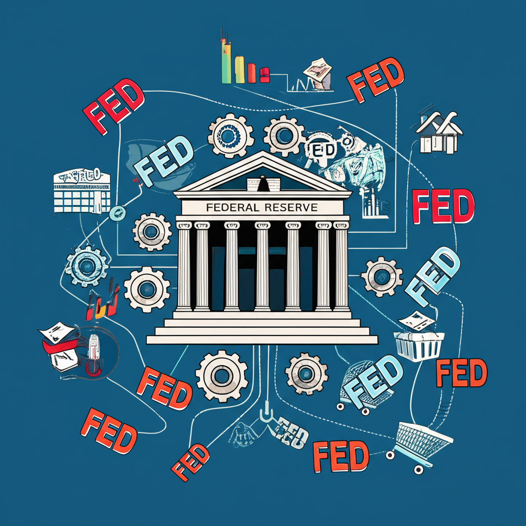 Fed作為中央銀行影響全球市場的插圖,顯示齒輪和互聯線條,強調其對投資和日常生活的深遠影響,以及fed的不同含義環繞其中