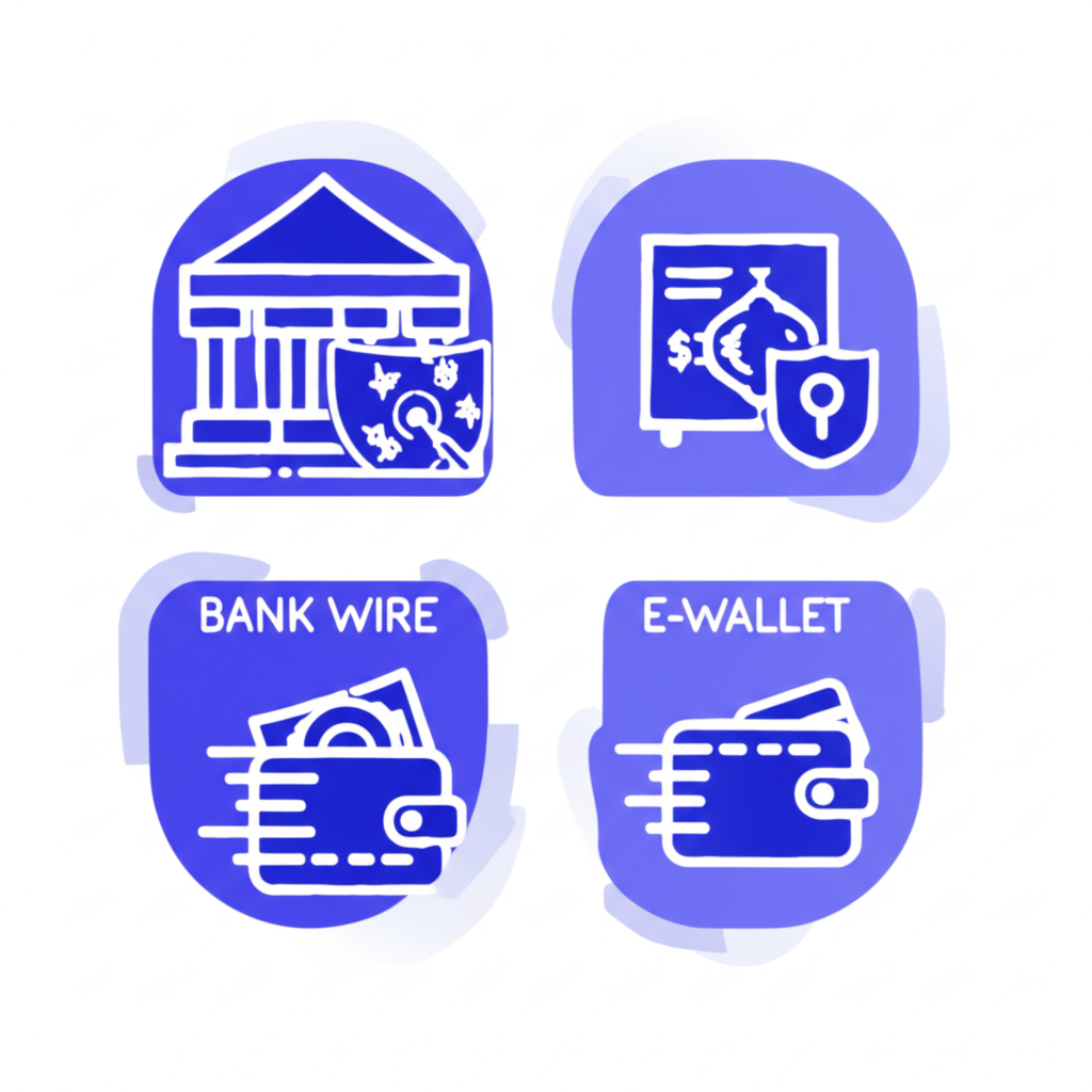 Mitrade出金方式比較,銀行電匯與電子錢包的圖示與特點