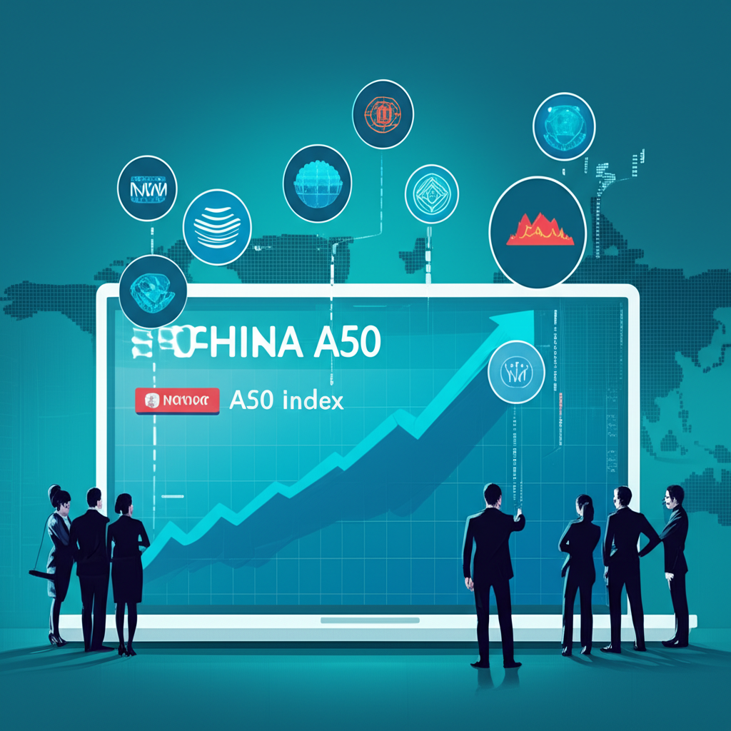 富時中國A50指數走勢圖與藍籌企業標誌示意圖，展現國際投資者參與中國市場的場景