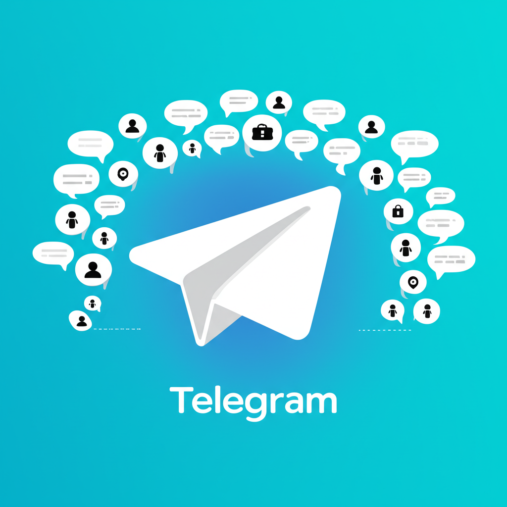 Telegram 紙飛機圖示與群組互動插圖,展示匿名、加密和大規模成員概念