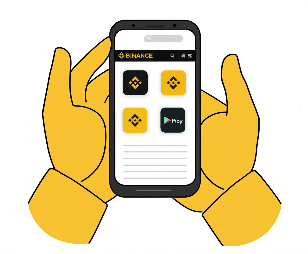 手持智慧型手機顯示iOS和Android應用商店圖示,以及幣安網站APK下載連結,強調安全官方渠道安裝應用程式,避免惡意軟體
