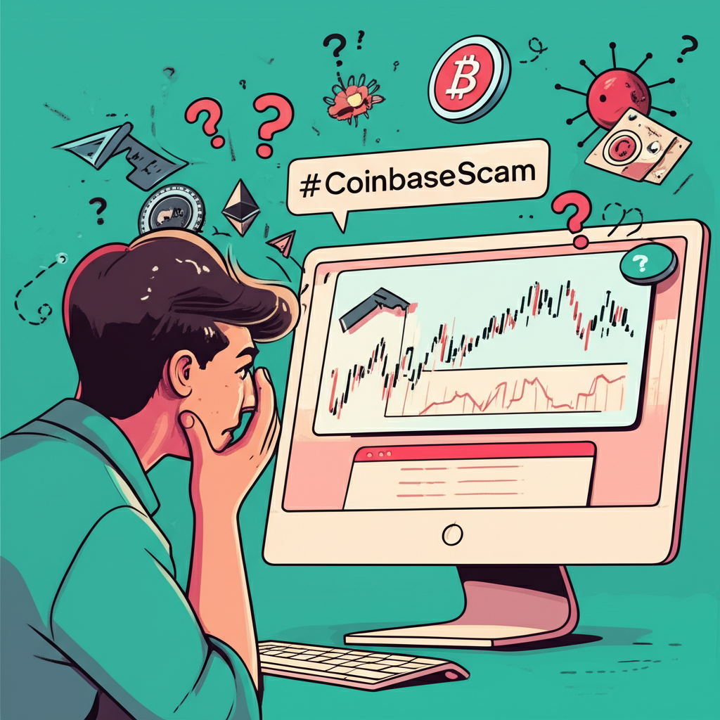 一名擔憂的用戶盯著螢幕上的加密貨幣走勢圖，周圍浮現標註Coinbase詐騙的社群話題與數位威脅符號，象徵複雜的詐騙類型