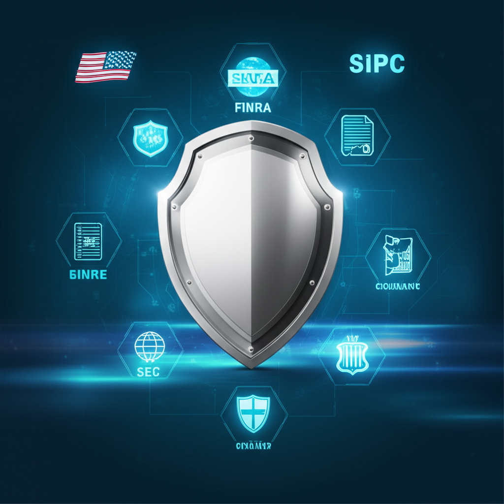 An illustration of a robust digital shield protecting client assets with symbols of global regulatory bodies like SEC FINRA and SIPC surrounding it emphasizing multi layered security and compliance for international investors in a safe environment