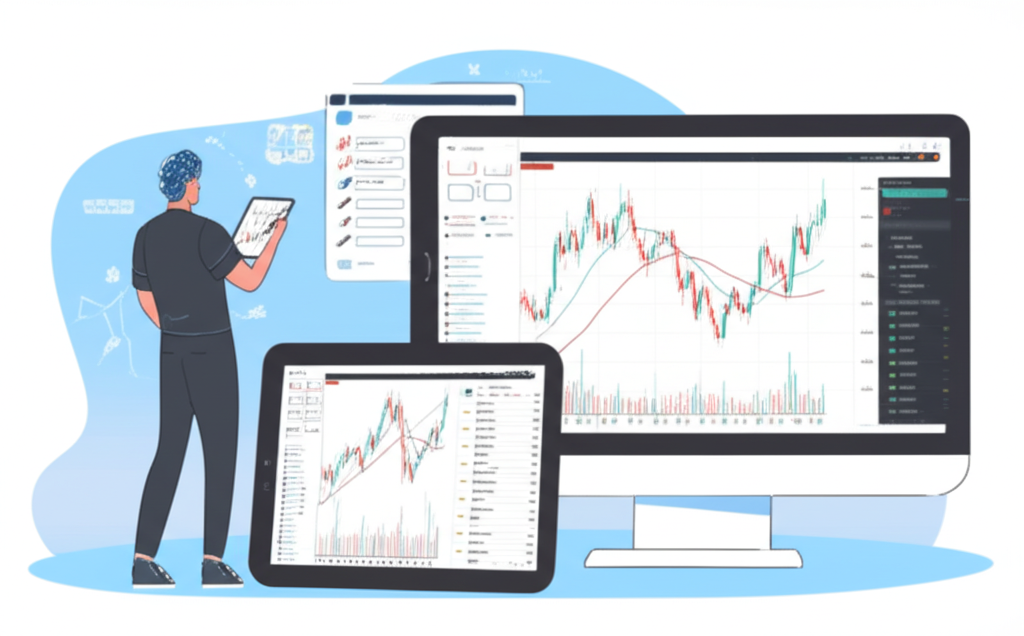 交易者使用TradingView介面，同時在桌機與平板上操作多時間軸圖表與技術指標