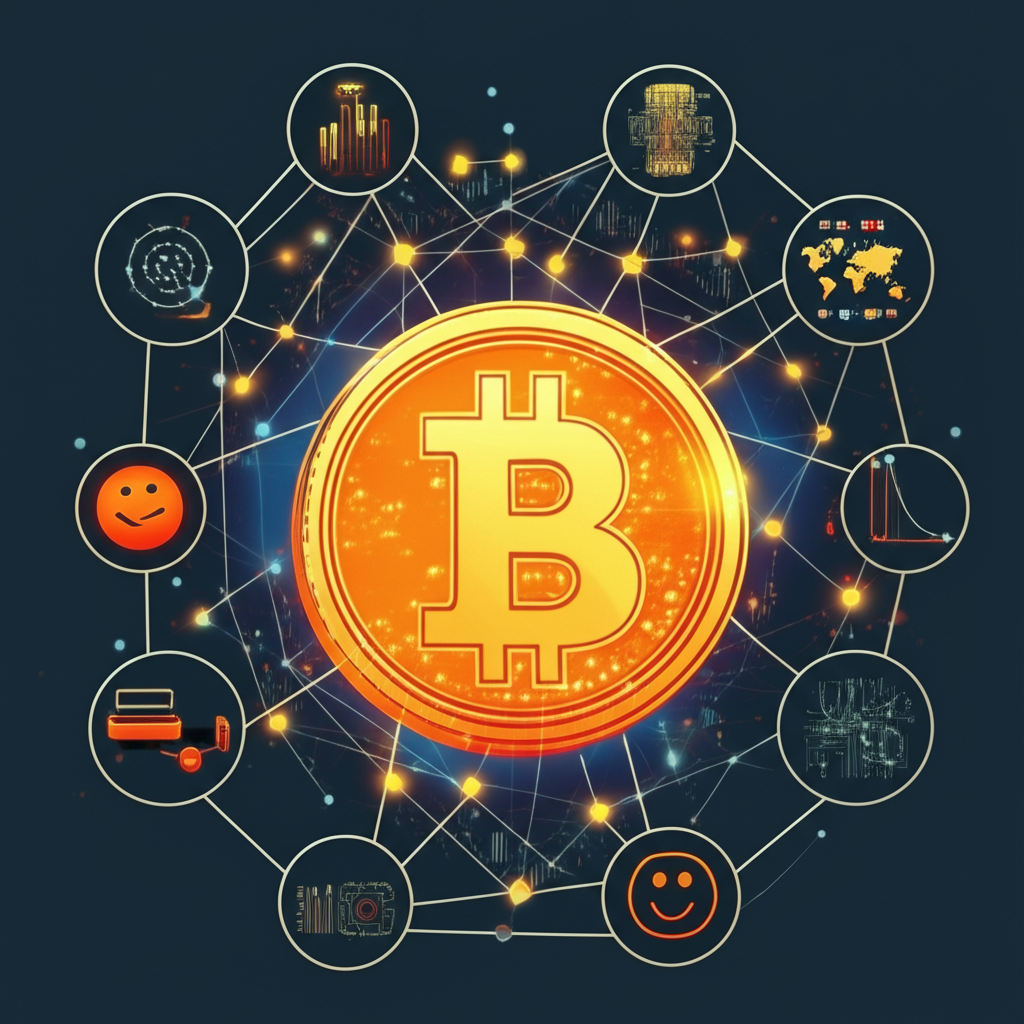 An illustration of a complex web of interconnected factors influencing Bitcoin price including blockchain technology supply and demand macroeconomics geopolitics and market sentiment with a central glowing Bitcoin icon symbolizing its importance and volatility