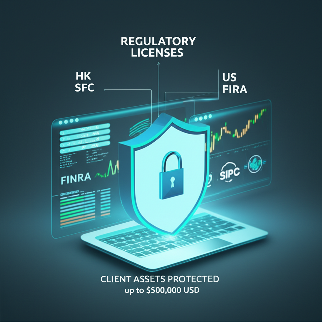 老虎證券安全監管平台插圖,顯示香港SFC和美國SEC FINRA SIPC等多國牌照,保護客戶資產最高50萬美元,象徵投資者安全與合規