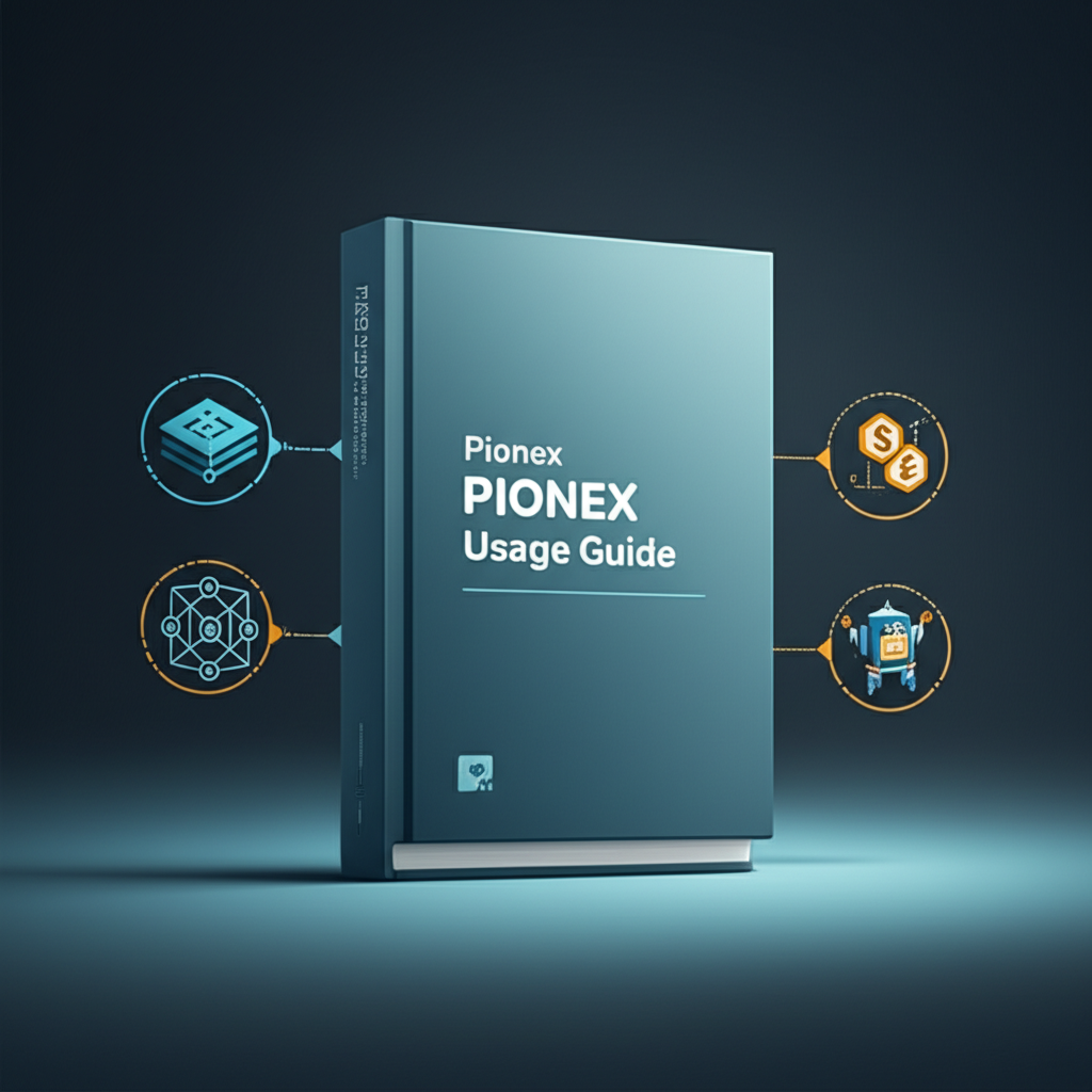 Pionex 使用指南書籍插圖，周圍環繞網格套利和雙幣投資等交易機器人圖示