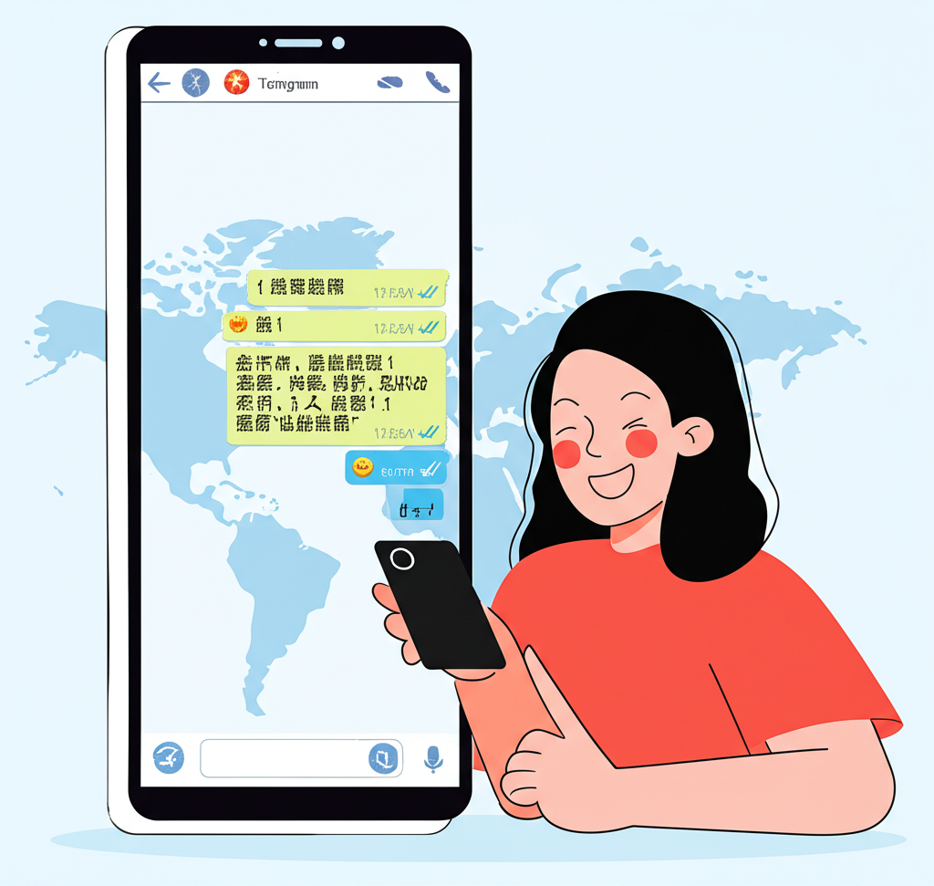Telegram 應用程式中文介面示意圖,使用者愉快互動,背景有全球地圖象徵台灣與香港用戶的便利通訊