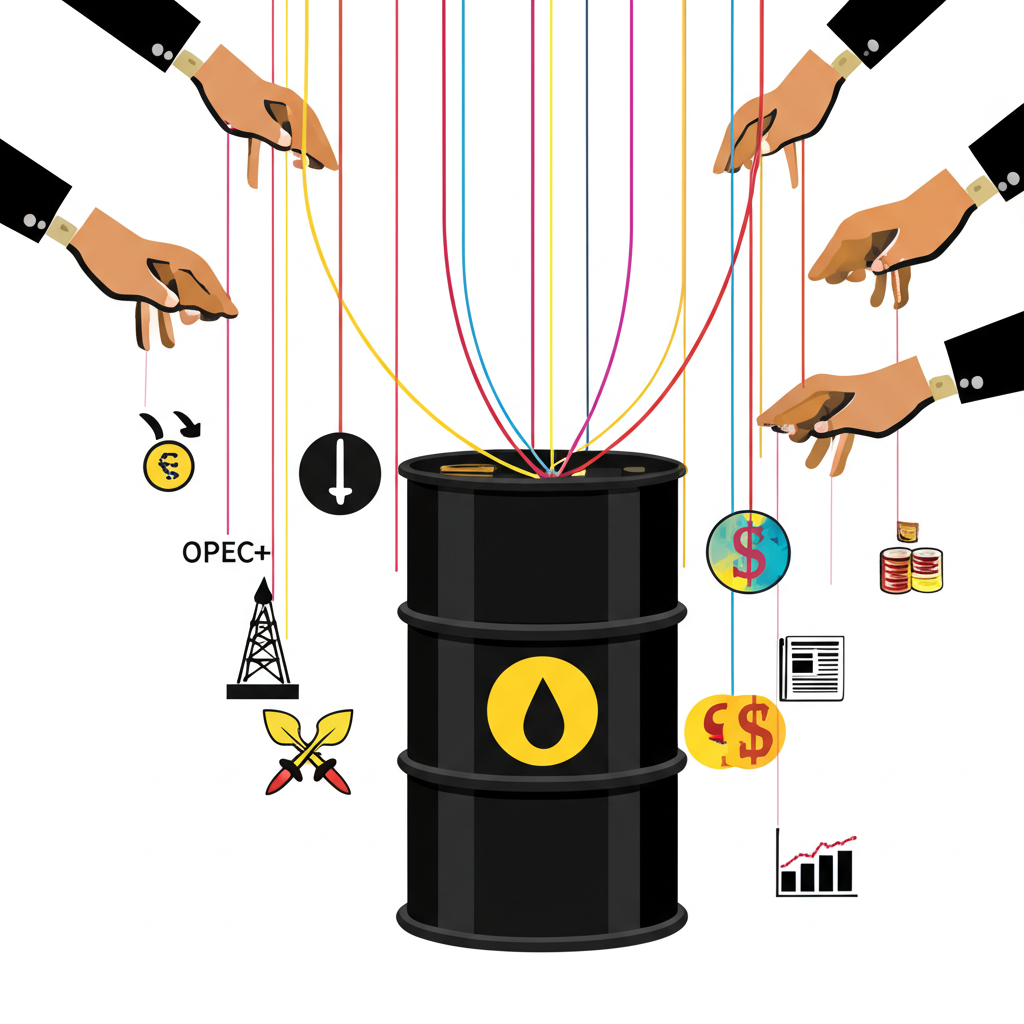 多隻手拉動連結油桶的線，象徵OPEC+決策、地緣衝突、匯率與經濟報告等影響因素插畫