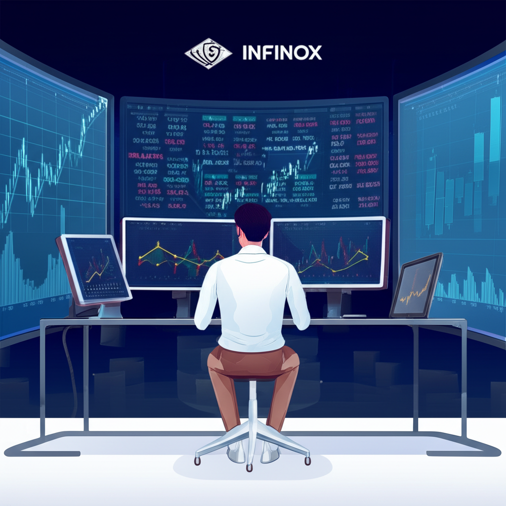 一位專業交易員在多個螢幕前查看財務圖表和貨幣對,INFINOX標誌突出顯示,並有盾牌象徵監管