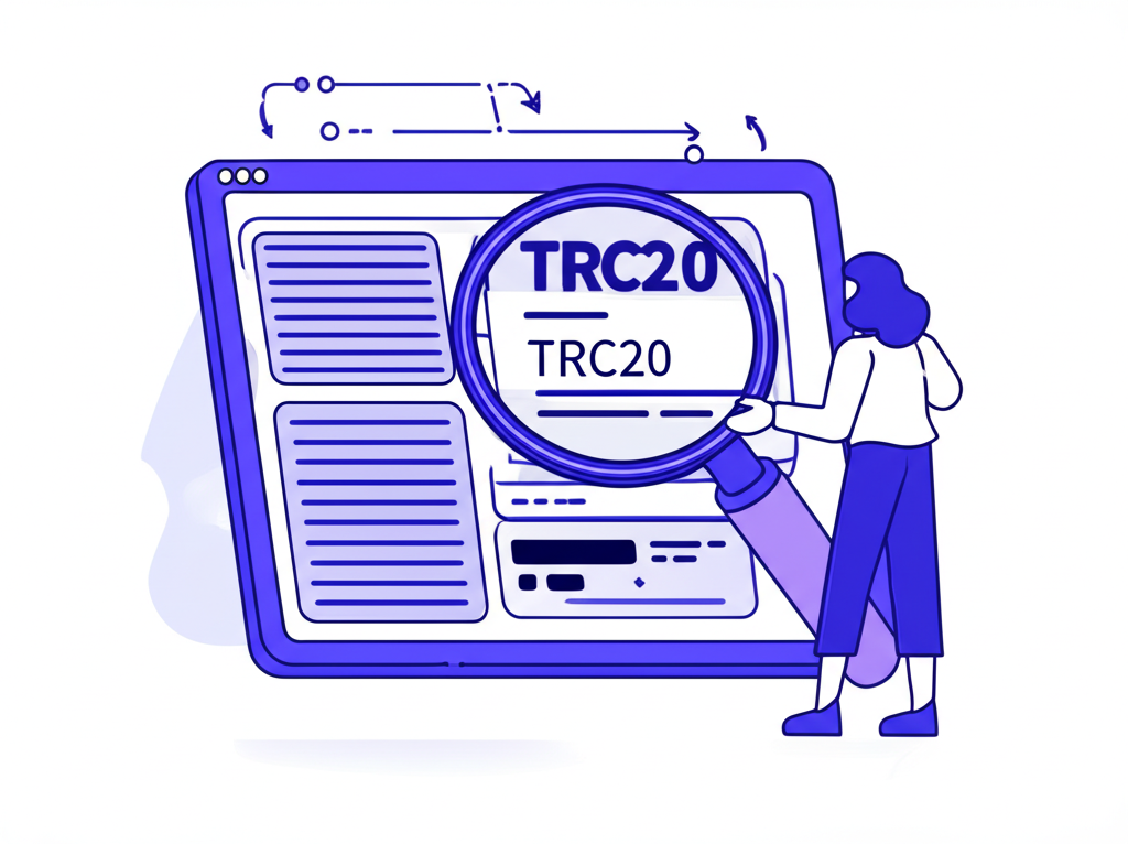 使用者透過數位螢幕和放大鏡檢視 TRC20 交易細節，驗證成功、追蹤資產流向並排除問題
