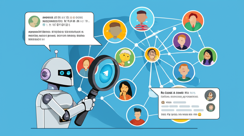 illustration of a friendly robot character with a magnifying glass helping a user navigate a network of interconnected Telegram channels and groups symbolizing the role of search bots in expanding content discovery