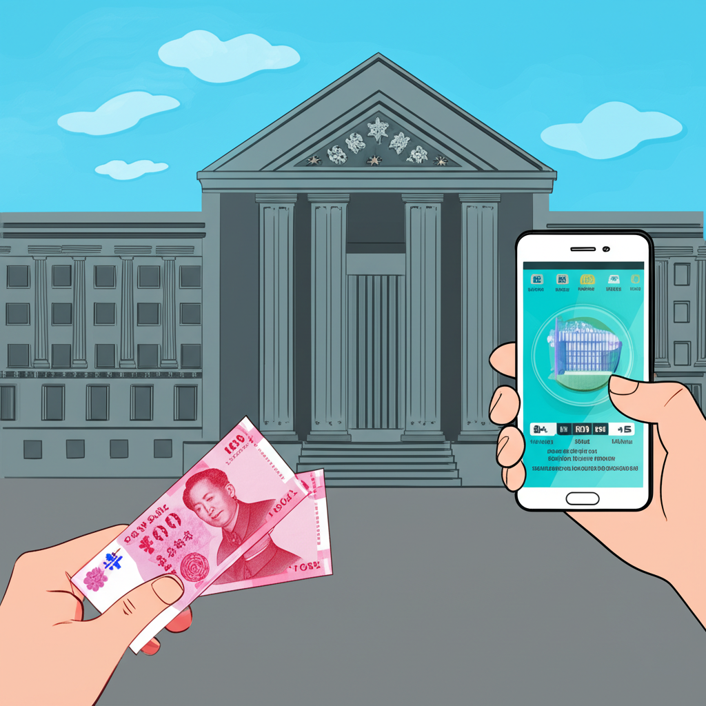 用戶透過手機將新台幣存入安全銀行信託帳戶的插圖,包含銀行建築和智慧型手機代表便捷存取款服務