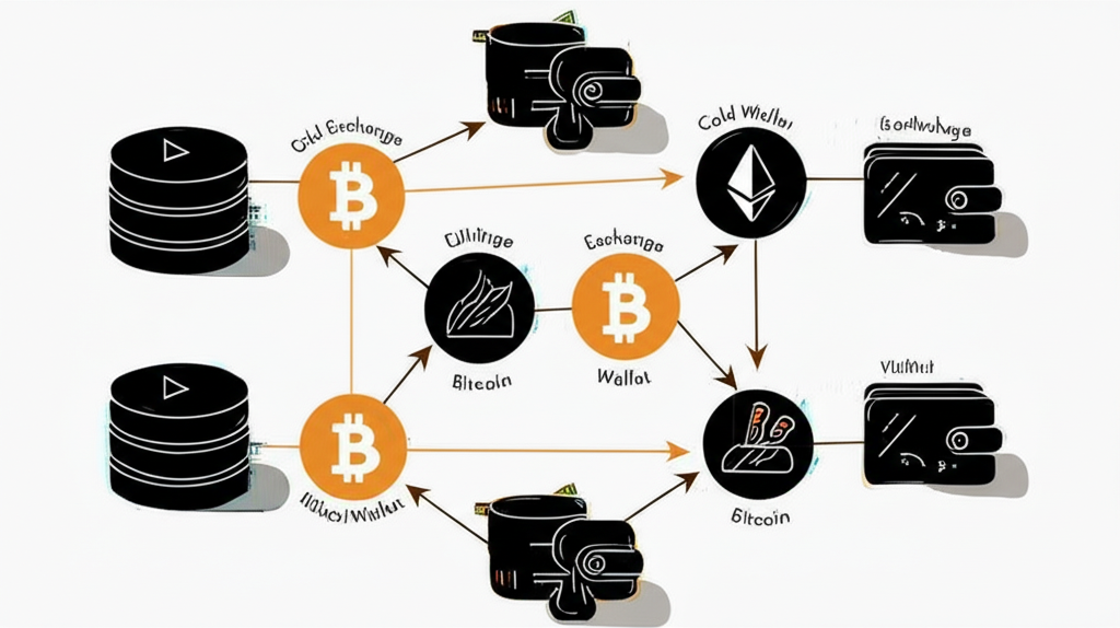 illustration of a blockchain network with data flows showing large bitcoin movements from exchanges to cold wallets and vice versa indicating market sentiment and potential price shifts