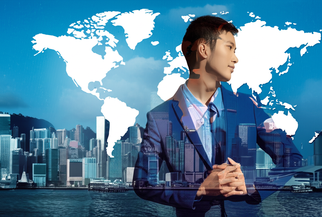 Hong Kong forex investor analyzing world map with global market opportunities