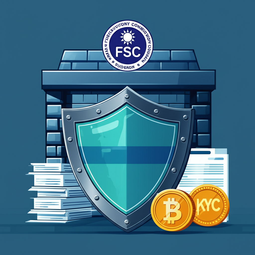 安全的數位堡壘,以台灣金管會FSC標誌監督合規文件,盾牌保護加密貨幣平台,象徵反洗錢與KYC監管