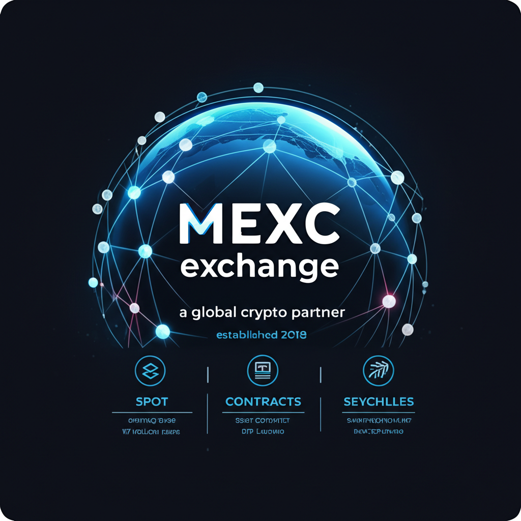 MEXC交易所全球加密合作夥伴插圖，展示2018年成立、塞舌爾總部、服務超過1700萬用戶，提供現貨、合約、ETF、Launchpad與質押理財等服務